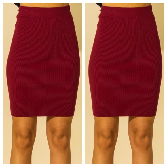 NEW TRENDY BURGUNDY HIGH WAISTED RIBBED KNIT PENCIL SKIRT